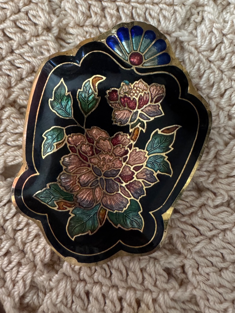 Vintage Cloisonné Enamel Floral Pendant Black Background Gold Tone